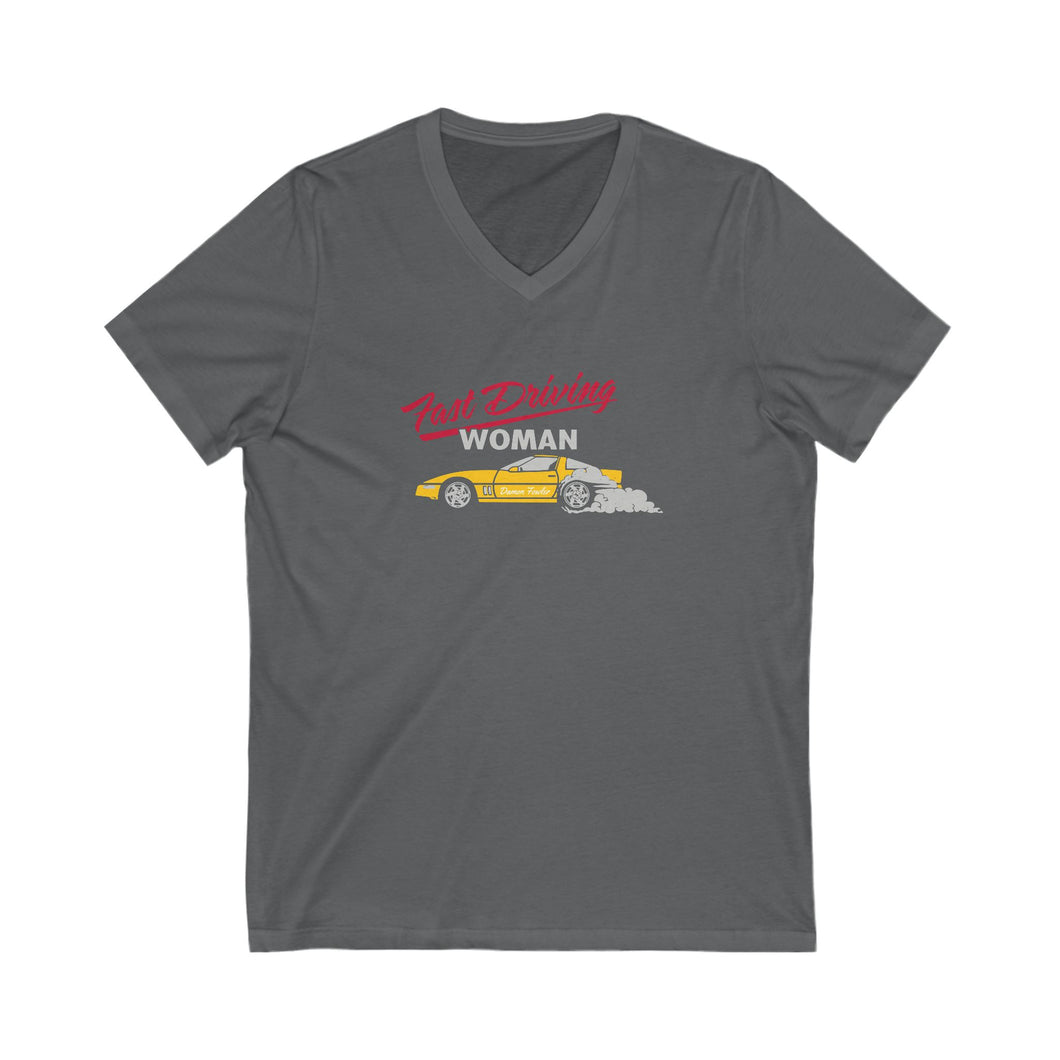 Fast Driving Woman V-neck - Unisex Jersey Short Sleeve V-Neck Tee